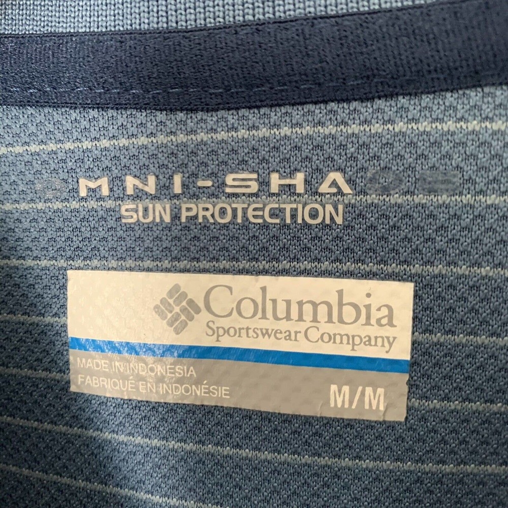 Columbia Sportswear Mens M Omni Shade Polo Shirt Blue Striped Sun Protection - Picture 2 of 6